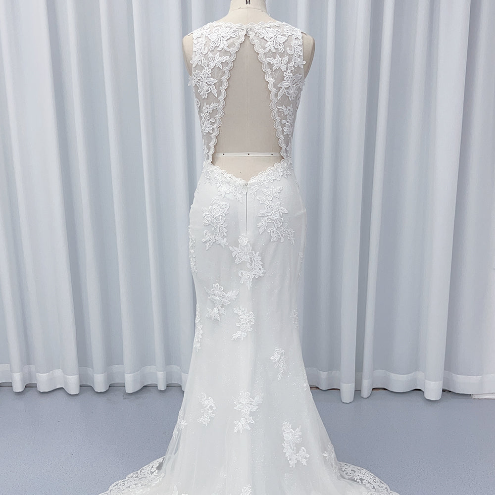 Robe de Mariée Sirène/Trapèze, Col en V, Dentelle, Ligne A, Traîne