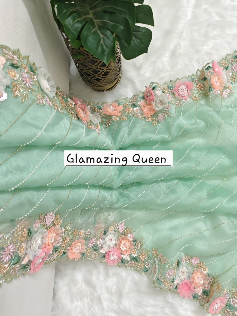 Saree Vert Menthe Floral Luxury