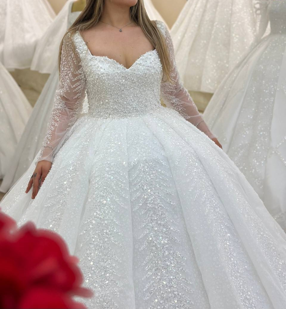 Robe de Mariée Princesse Luxury, Paillettes, Manches Longues