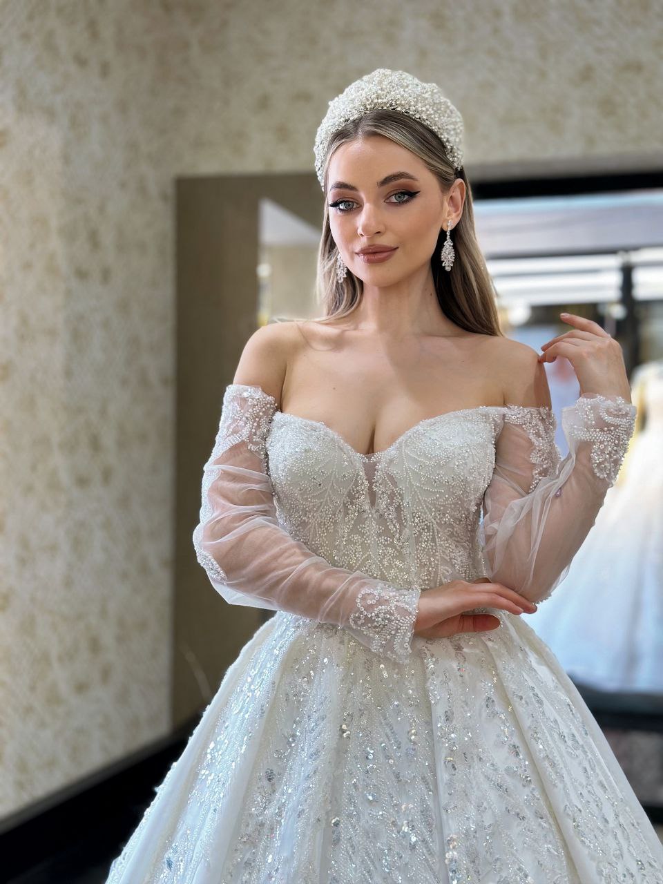 Robe de Mariée Princesse Luxury, Paillettes, Manches Longues