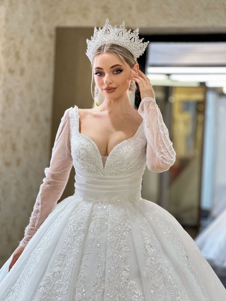 Robe de Mariée Princesse Luxury, Paillettes, Manches Longues