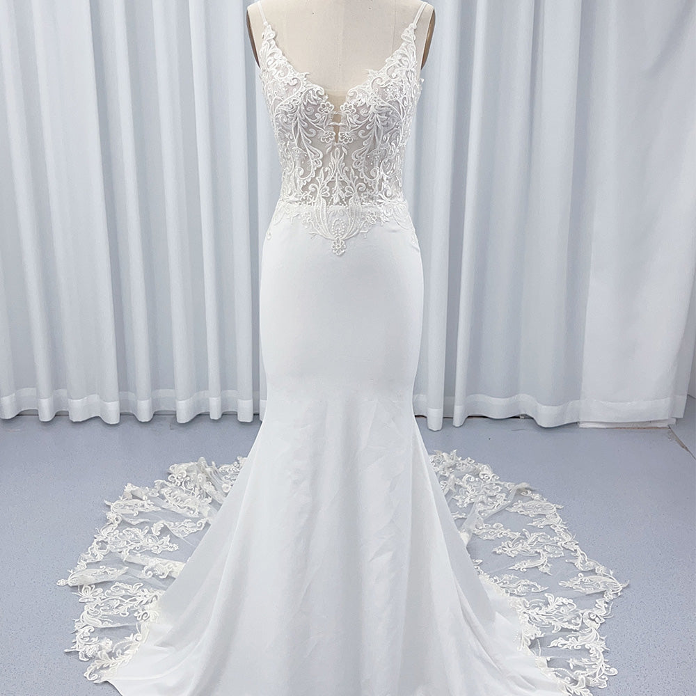Robe de Mariée Sirène, Col en V, Dentelle, Fermeture Éclair, Satin, Traîne