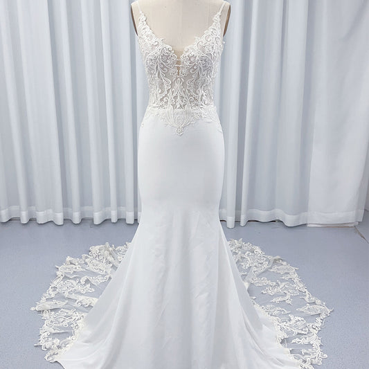 Robe de Mariée Sirène, Col en V, Dentelle, Fermeture Éclair, Satin, Traîne