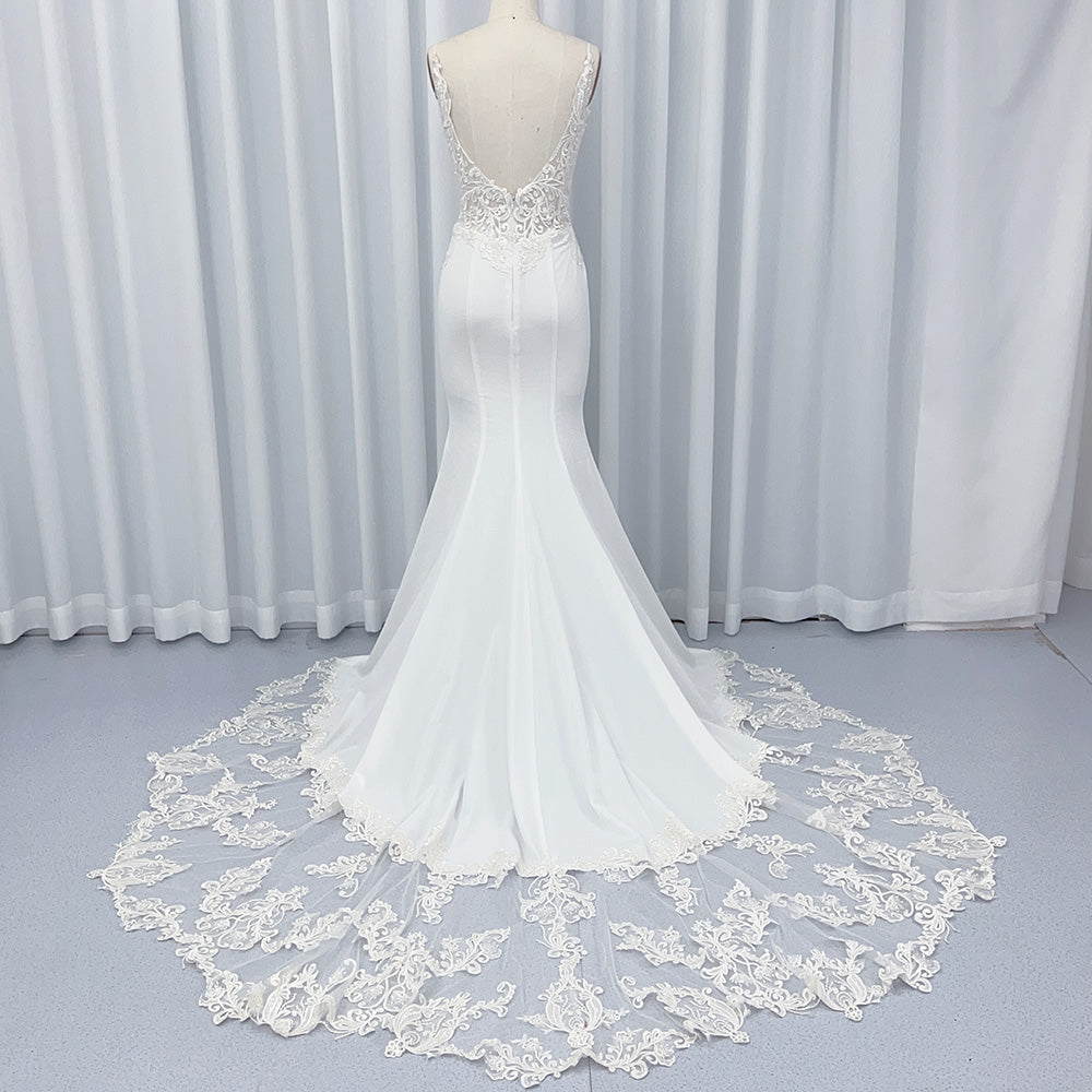Robe de Mariée Sirène, Col en V, Dentelle, Fermeture Éclair, Satin, Traîne