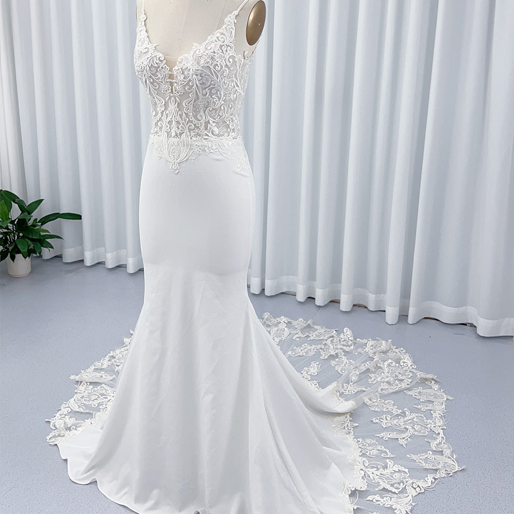 Robe de Mariée Sirène, Col en V, Dentelle, Fermeture Éclair, Satin, Traîne