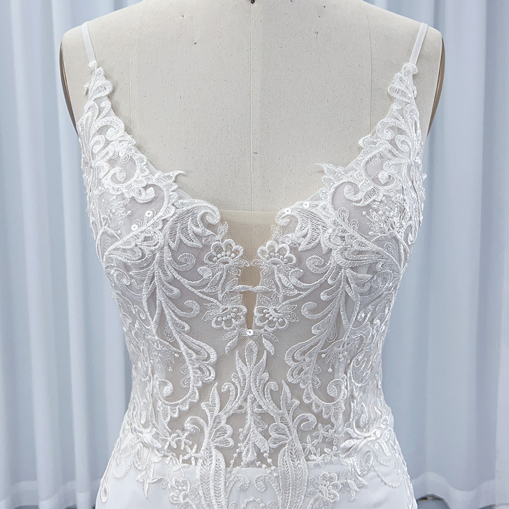 Robe de Mariée Sirène, Col en V, Dentelle, Fermeture Éclair, Satin, Traîne