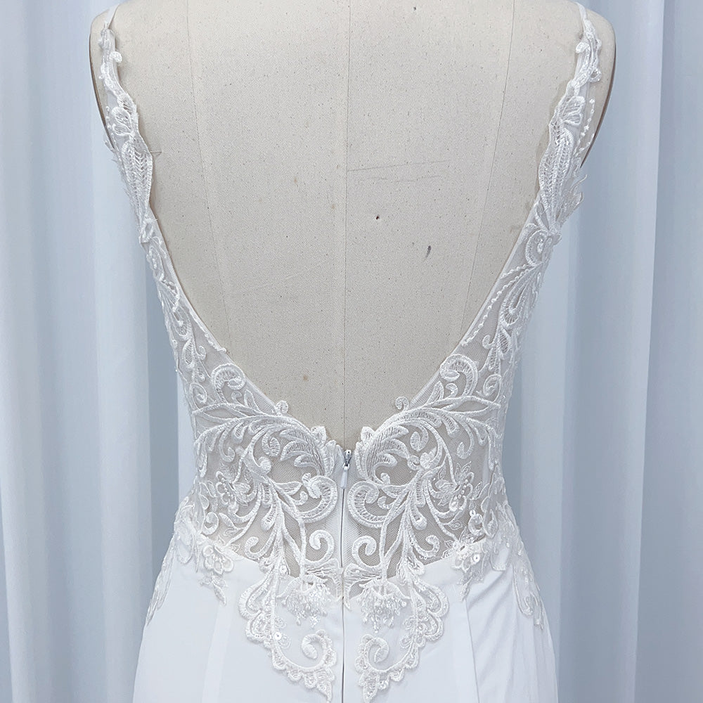Robe de Mariée Sirène, Col en V, Dentelle, Fermeture Éclair, Satin, Traîne
