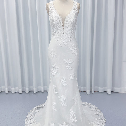 Robe de Mariée Sirène/Trapèze, Col en V, Dentelle, Ligne A, Traîne