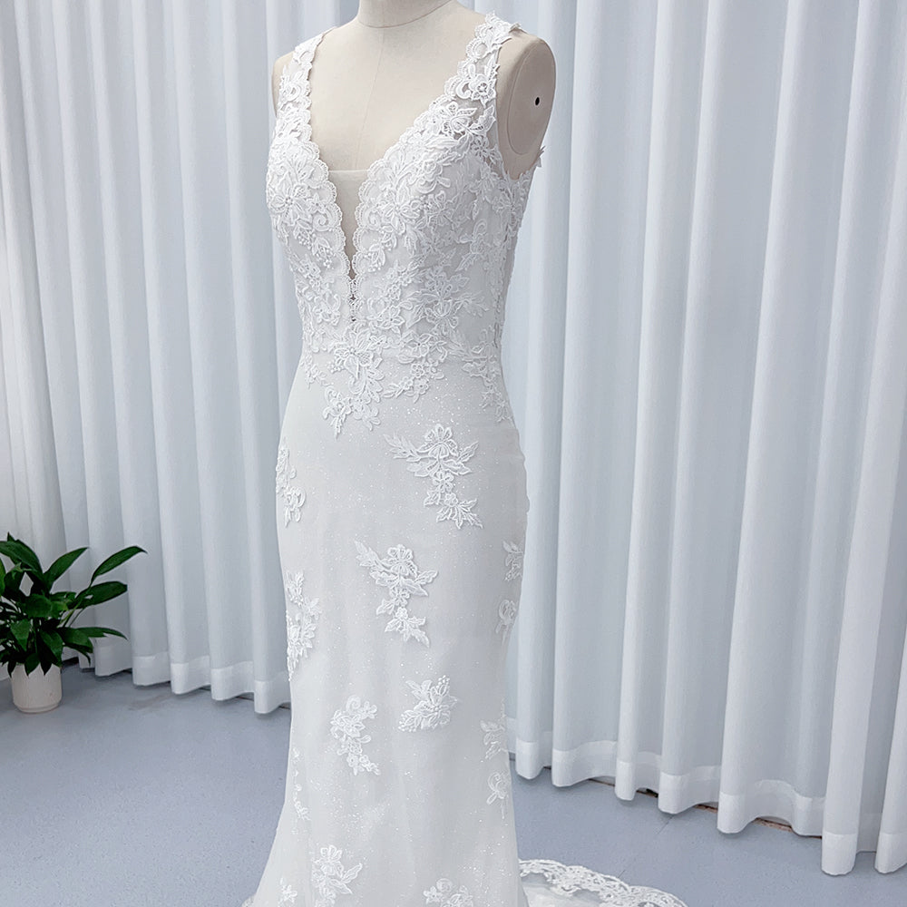 Robe de Mariée Sirène/Trapèze, Col en V, Dentelle, Ligne A, Traîne