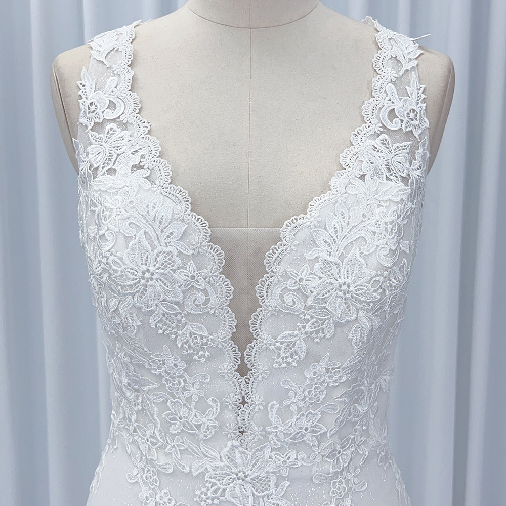 Robe de Mariée Sirène/Trapèze, Col en V, Dentelle, Ligne A, Traîne