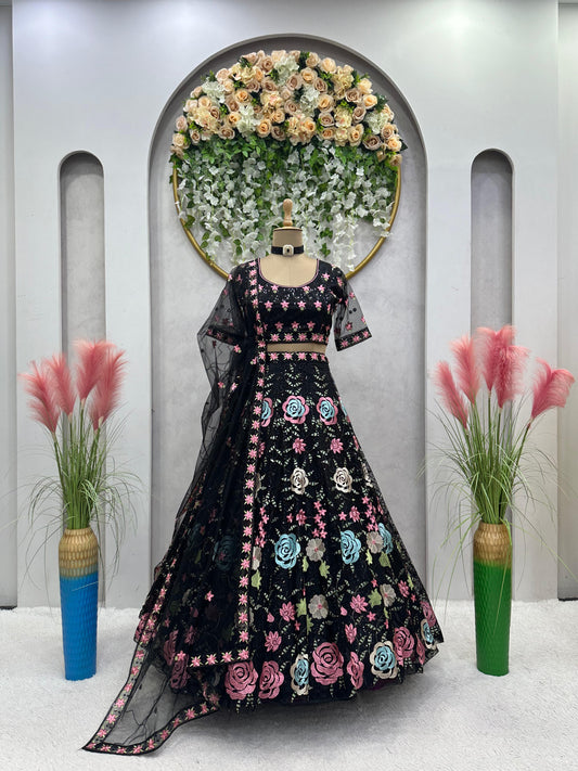 Lehenga Noir Luxury avec Paillettes Motifs Fleurs