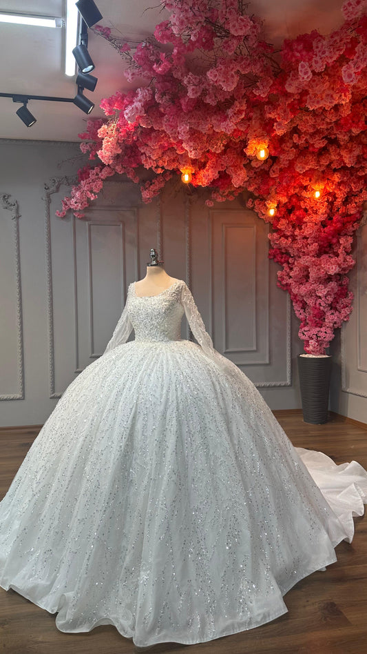 Robe de Mariée Princesse Luxury, Pailleté,  Manches Longues,  Col Bateau avec Traîne