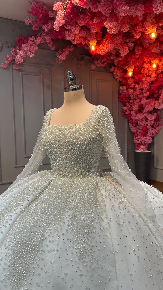 Magnifique Robe de Mariée Princesse Luxury Perles avec Manches Longues et Longue Traîne