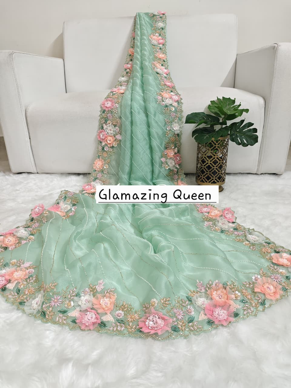 Saree Vert Menthe Floral Luxury