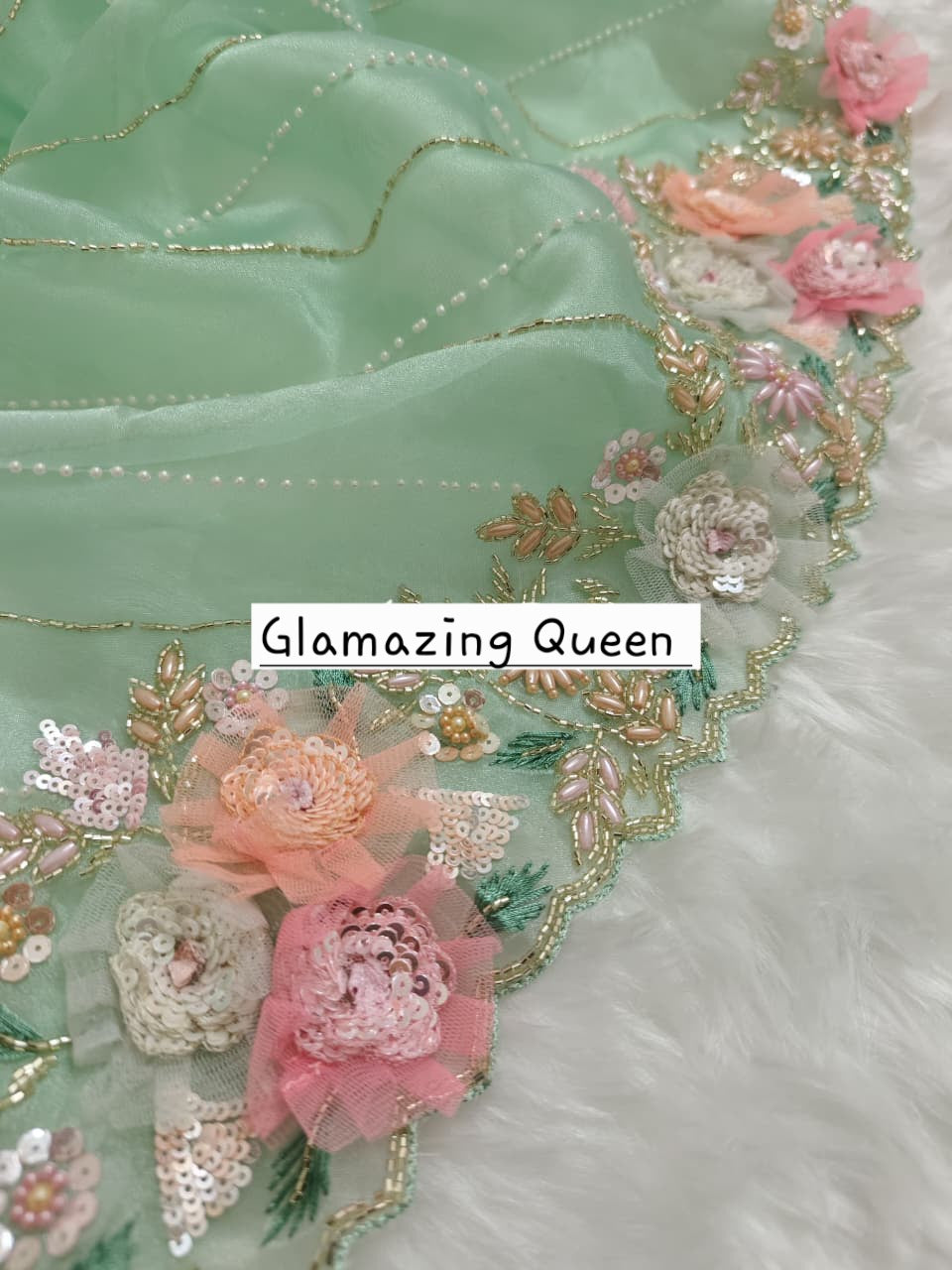 Saree Vert Menthe Floral Luxury