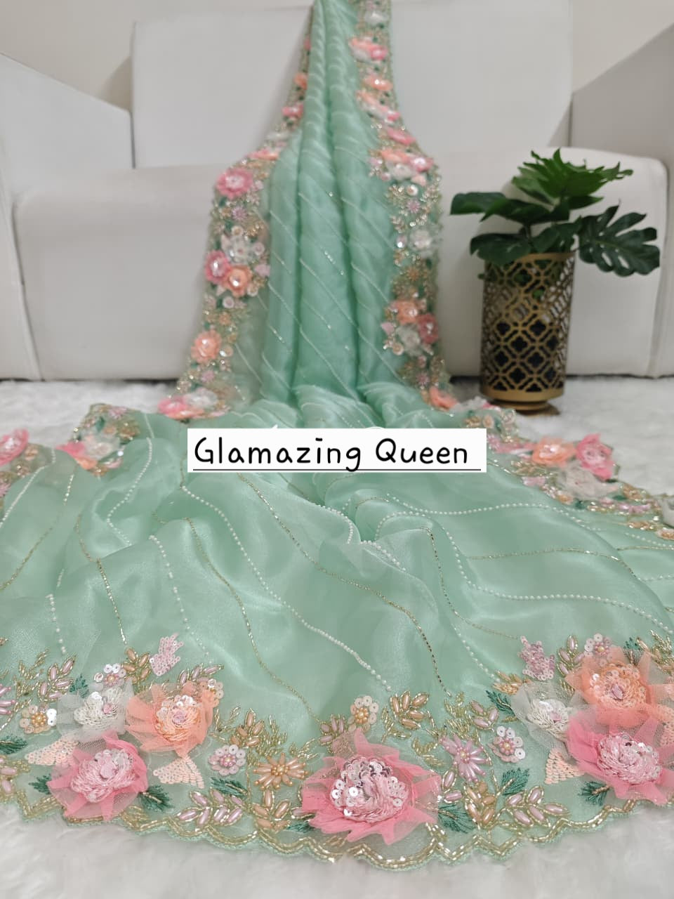 Saree Vert Menthe Floral Luxury