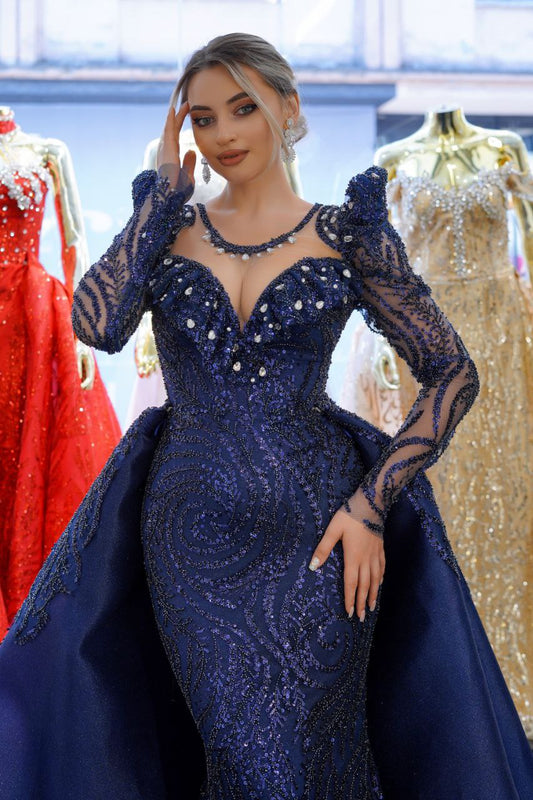 Robe de Mariée Sirène Luxury Bleu avec Strass et Paillettes, Col Bijou, Manches Longues avec Traîne