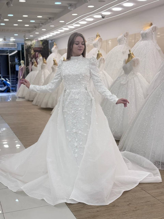 Robe de Mariée Sirène Couverte Luxury avec Traîne, Manches Longues, Col Fermé