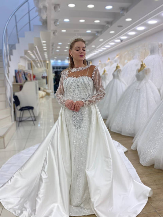 Robe de Mariée Sirène Luxury avec Traîne, Manches Longues, Col Coeur