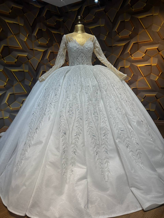Robe de Mariée Princesse Luxury, Manches Longues, Col V avec Traîne