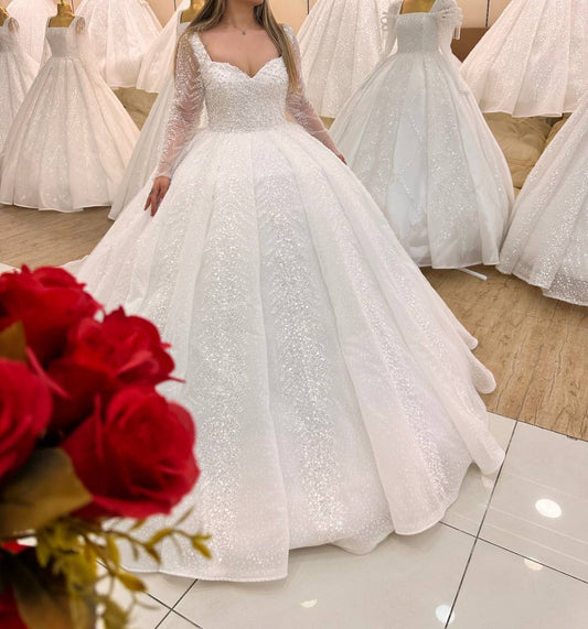 Robe de Mariée Princesse Luxury, Paillettes, Manches Longues