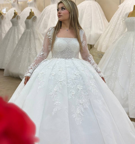 Robe de Mariée Princesse Luxury, Paillettes, Manches Longues