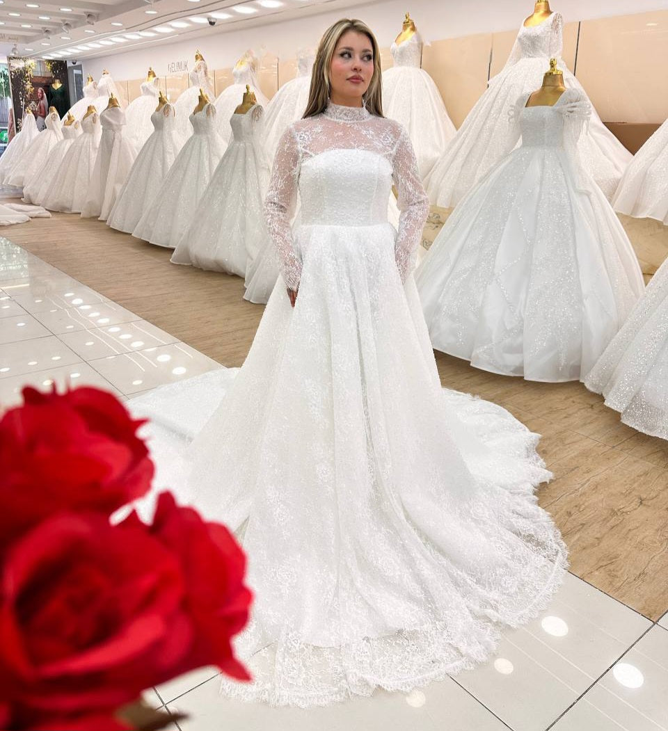 Robe de Mariée Princesse Luxury, Paillettes, Manches Longues