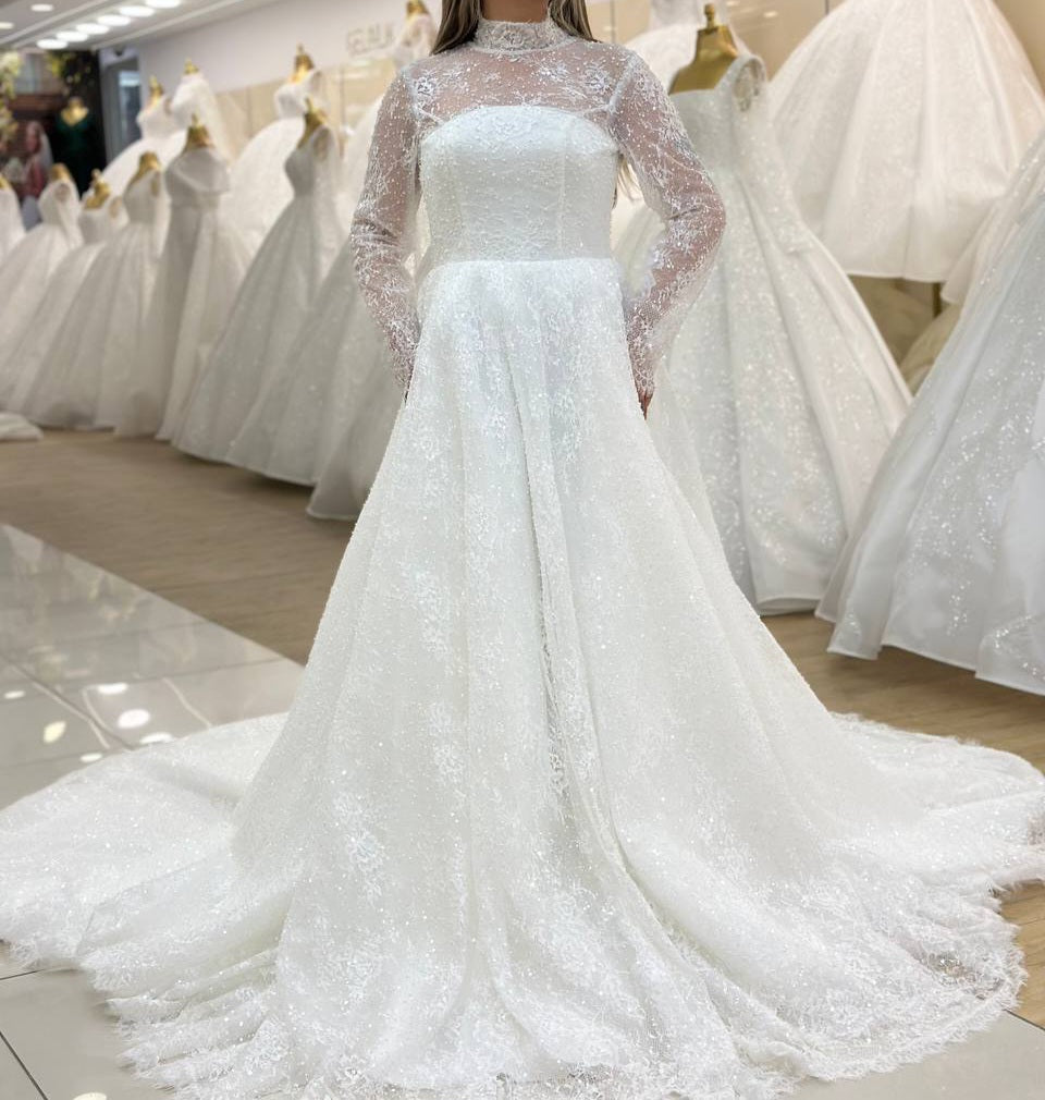 Robe de Mariée Princesse Luxury, Paillettes, Manches Longues