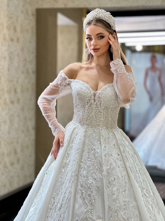 Robe de Mariée Princesse Luxury, Paillettes, Manches Longues