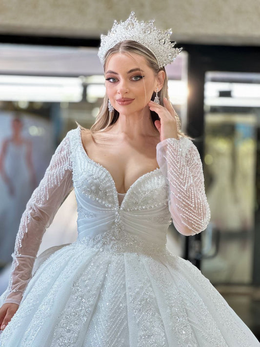 Robe de Mariée Princesse Luxury, Paillettes, Manches Longues