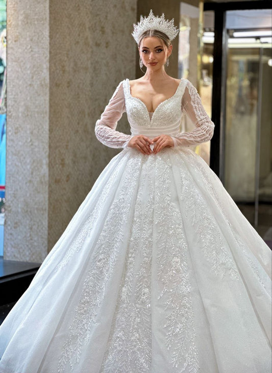 Robe de Mariée Princesse Luxury, Paillettes, Manches Longues