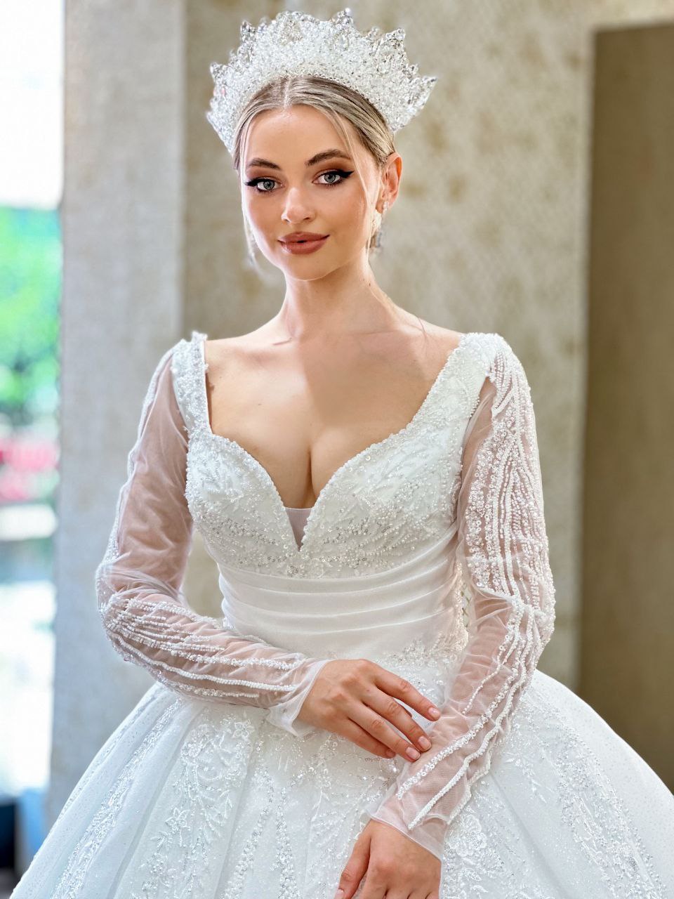 Robe de Mariée Princesse Luxury, Paillettes, Manches Longues