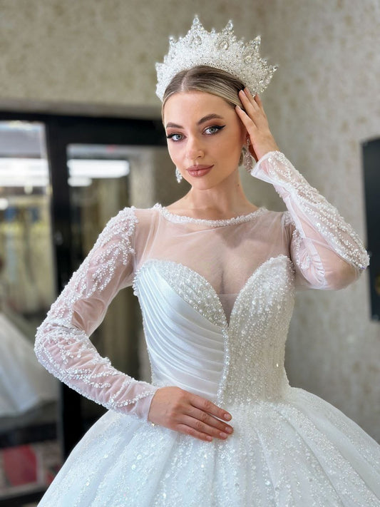Robe de Mariée Princesse Luxury, Col Cœur, Paillettes, Manches Longues