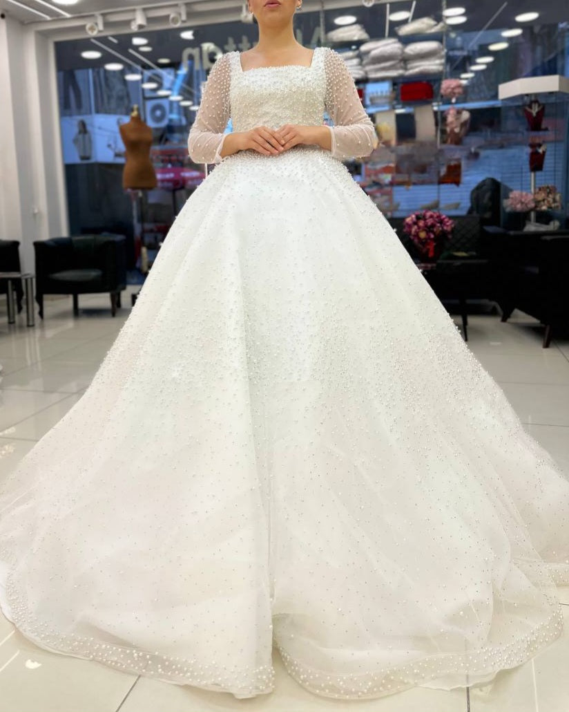 Robe de Mariée Princesse Luxury, Dentelle, Manches Longues, Col Carré