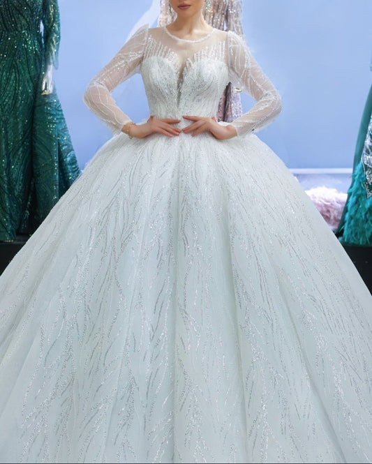 Robe de Mariée Princesse Luxury, Dentelle, Cœur, Manches Longues