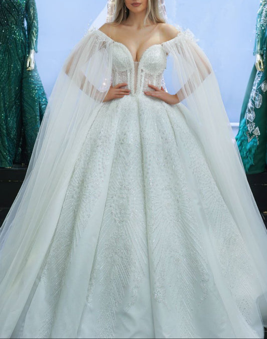 Robe de Mariée Princesse Luxury, Col Cœur, Manches à Voile