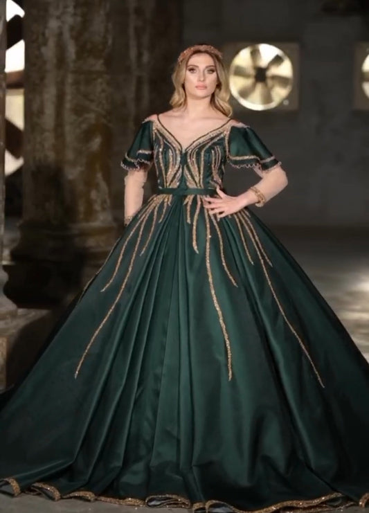 Robe de Mariée Princesse Luxury Vert et Doré en Satin